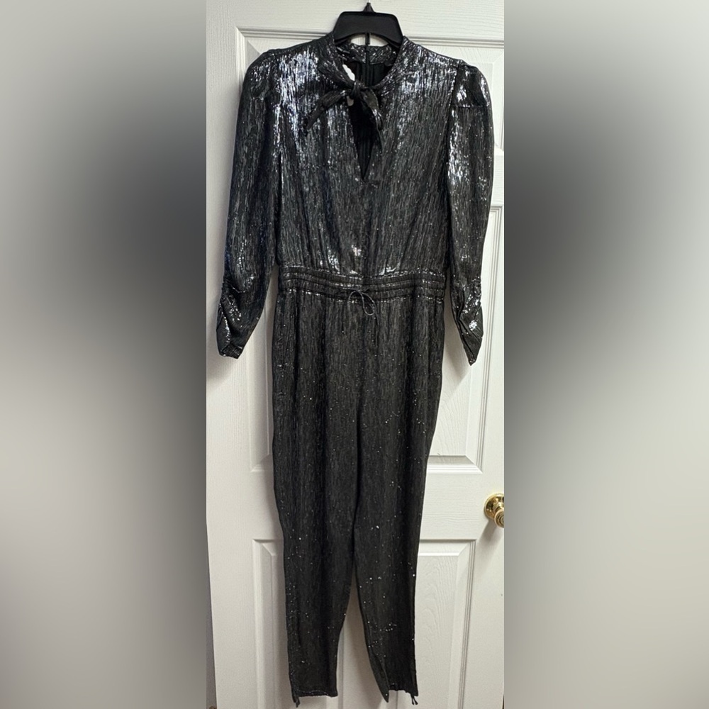 Scotch & Soda Silver/Black Shimmer Tie Neck Jumpsuit Size Large - Picture 3 of 7